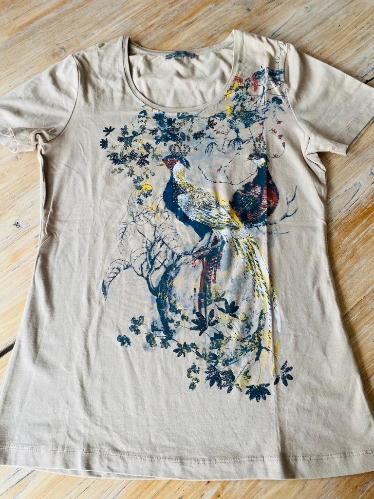 top shirt Vogel bewerkt beige Bandolera maat M  zgan, Maat 38/40 (M), Beige, Ophalen of Verzenden, Zo goed als nieuw