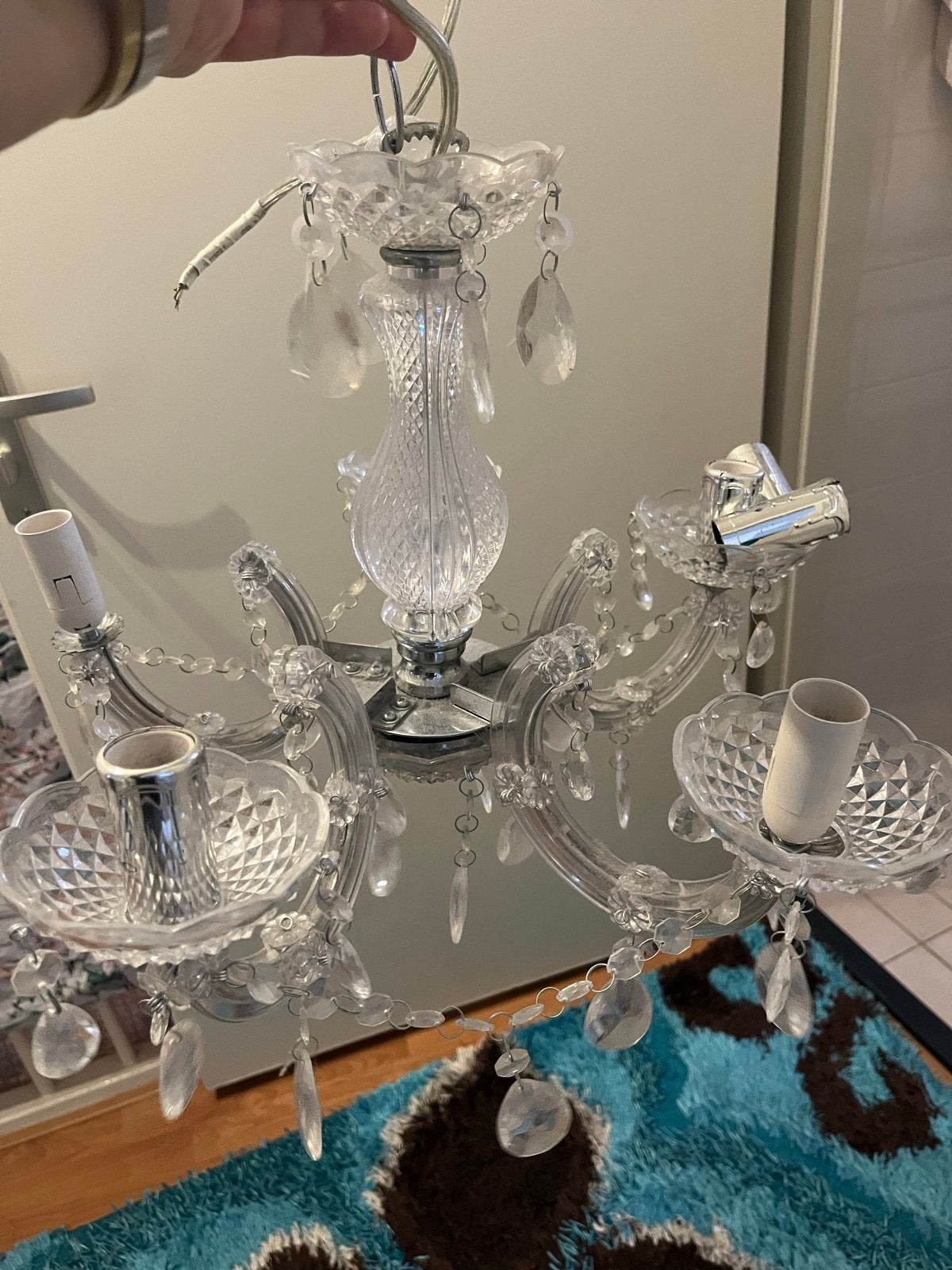 Elegante kristallen kroonluchter met 5 armen, Ophalen, Gebruikt, Glas, E14 (klein)
