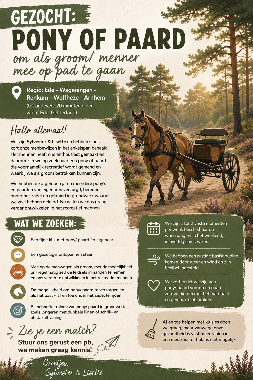 Gezocht: Pony/ paard om als groom/ menner mee op pad te gaan, Ophalen, Nieuw, Recreatie
