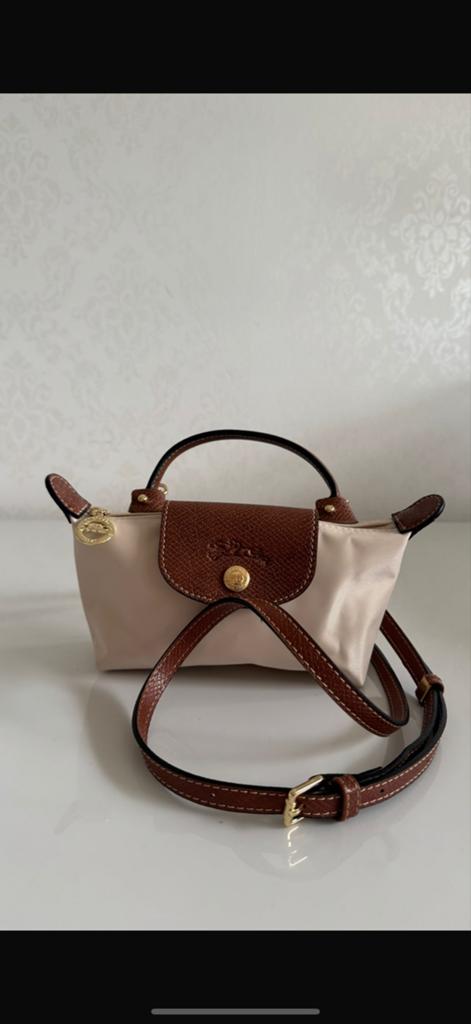 Longchamp Le Pliage Cuir Mini Handtas Beige/Bruin, Ophalen of Verzenden, Zo goed als nieuw, Beige, Handtas