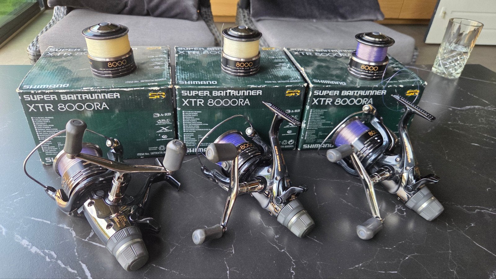 3 Shimano 8000 RA Baitrunners inclusief reservespoelen, Watersport en Boten, Ophalen of Verzenden, Gebruikt, Molen
