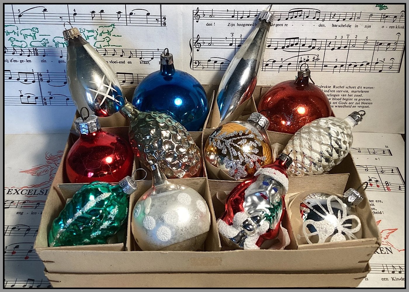 12 stuks oude glazen kerstbalfiguren voor 25,00, Ophalen of Verzenden, Gebruikt