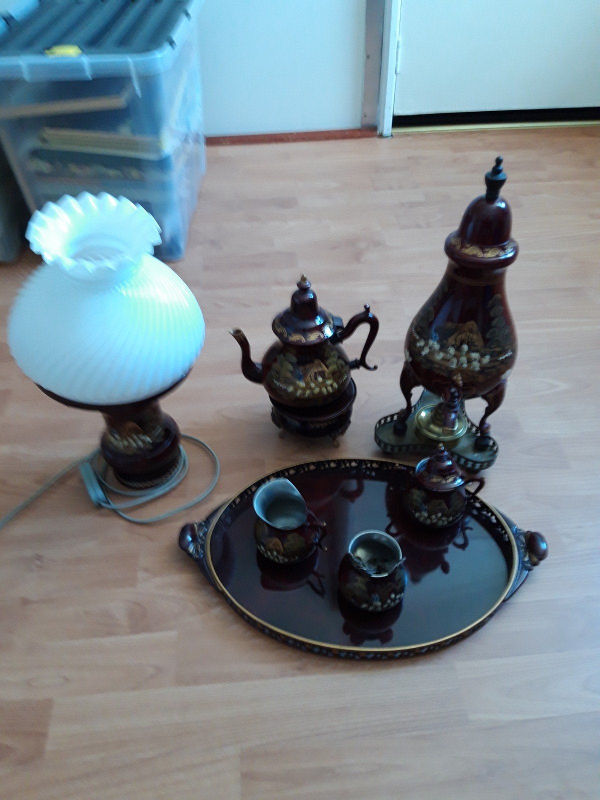 Vintage Theeservies met Lamp en Dienblad - Handgeschilderd, Ophalen