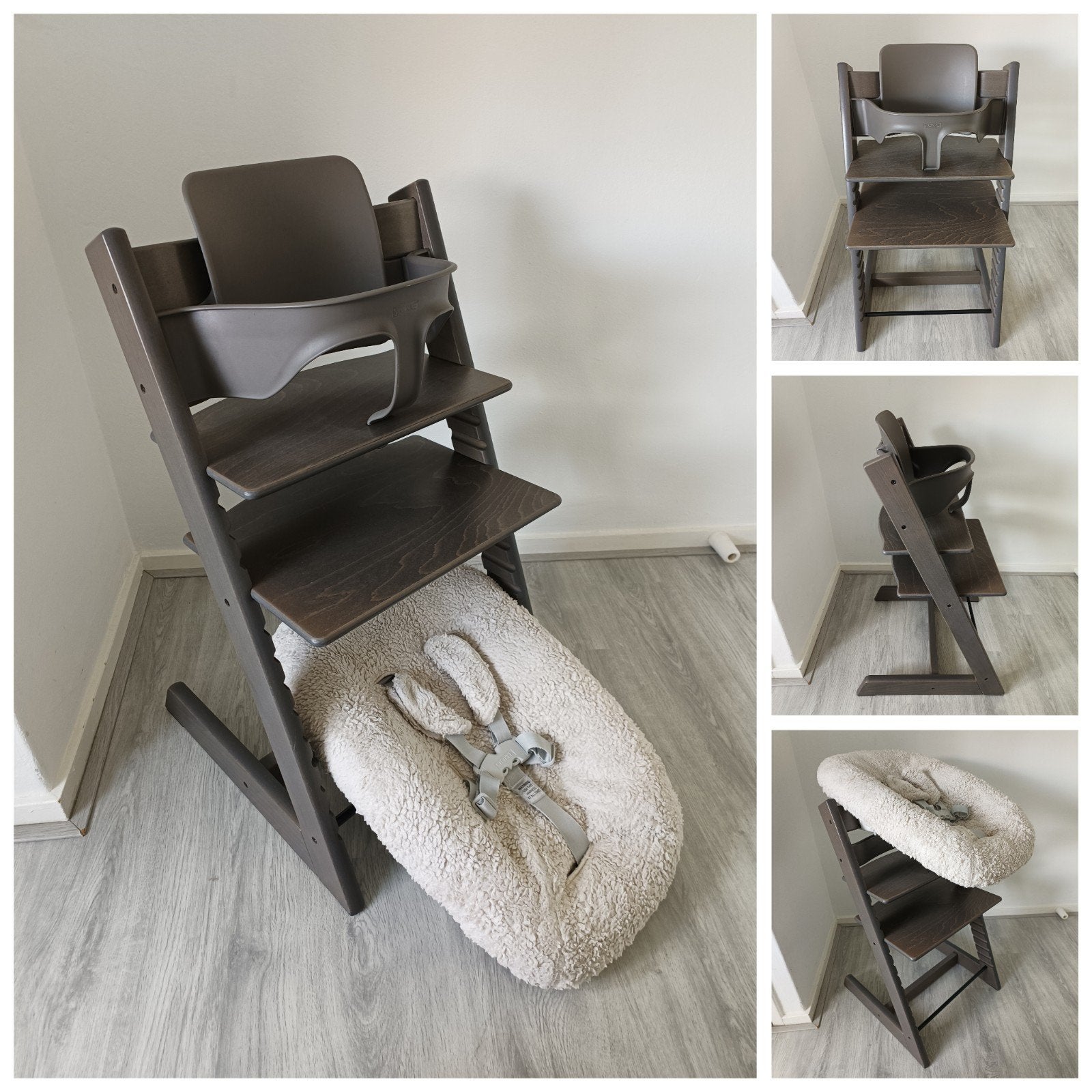 ZGAN!Stokke Tripp Trapp hazy grey+babyset,newborn,teddyhoes, Kinderen en Baby's, Meegroeistoel, Ophalen of Verzenden, Zo goed als nieuw