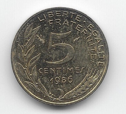 Frankrijk 5 centimes 1986 KM# 933, Ophalen of Verzenden, Frankrijk, Losse munt
