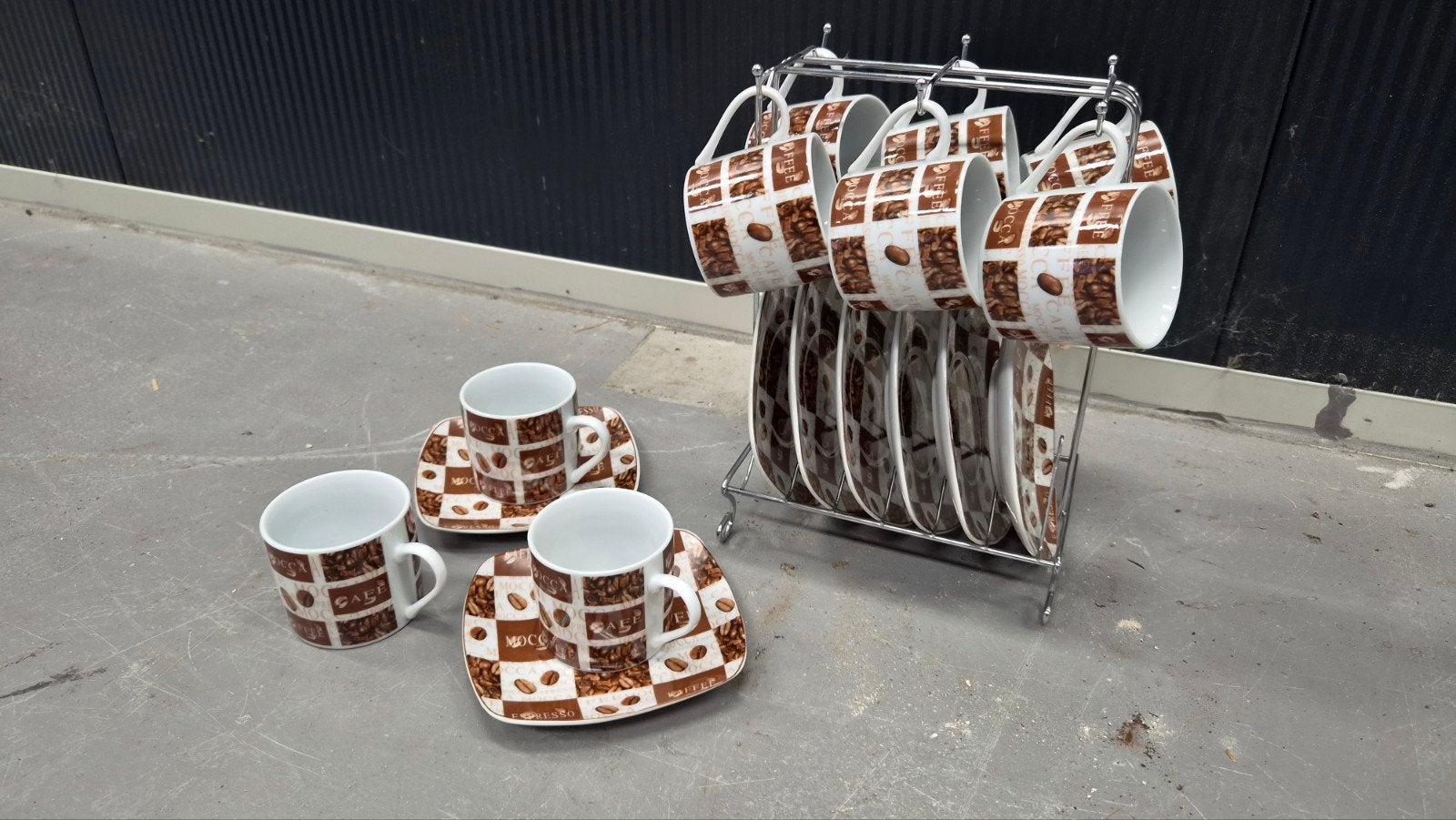 Siaki Porselein Koffiekopjes Set met Houder - 12 Delig, Huis en Inrichting, Ophalen, Overige merken, Zo goed als nieuw, Modern