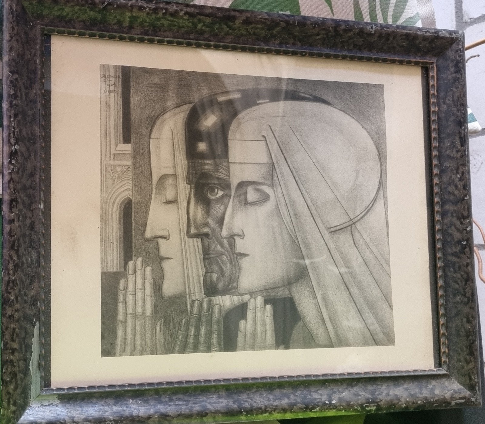 Jan Toorop 1858_1929 Drie gezichten, Antiek en Kunst, Kunst | Tekeningen en Foto's, Verzenden, Tekening, Potloodtekening, Ingelijst