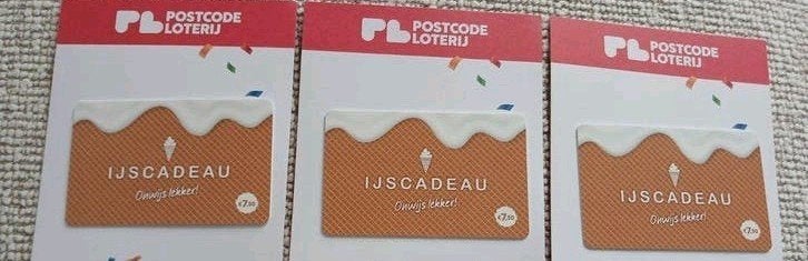 Postcodeloterij ijscadeau 3 kaarten, Drie personen of meer, Cadeaubon, Warenhuis- of Winkelbon