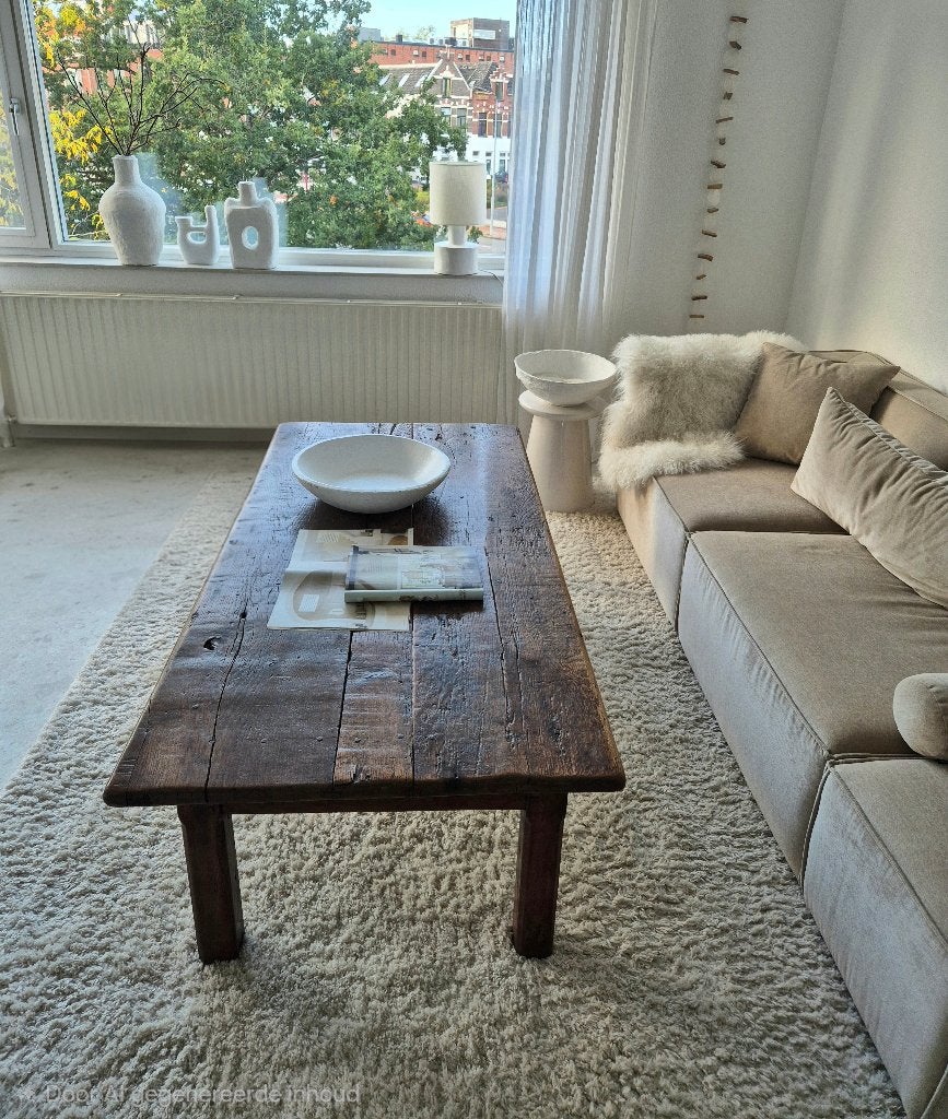 Robuust oude houten authentieke salontafel, Ophalen, 100 tot 150 cm, 50 tot 100 cm, Zo goed als nieuw