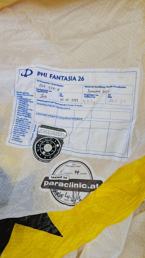 Phi Fantasia 26 paraglider (105–130 kg; EN A), Ophalen of Verzenden, Gebruikt, Scherm
