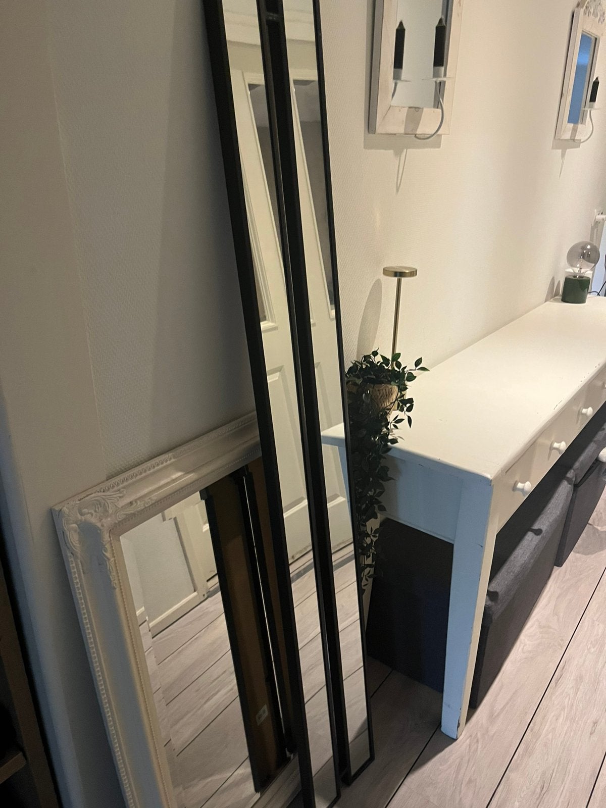 Dubbele smalle lange ijzeren zwarte spiegel, Huis en Inrichting, Woonaccessoires | Spiegels, Ophalen, Minder dan 50 cm, Zo goed als nieuw
