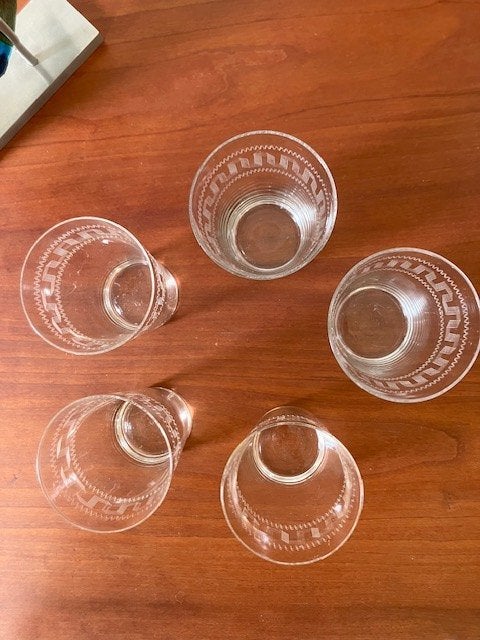 kristallen waterglazen antiek met geëtst meander-motief, Antiek en Kunst, Ophalen