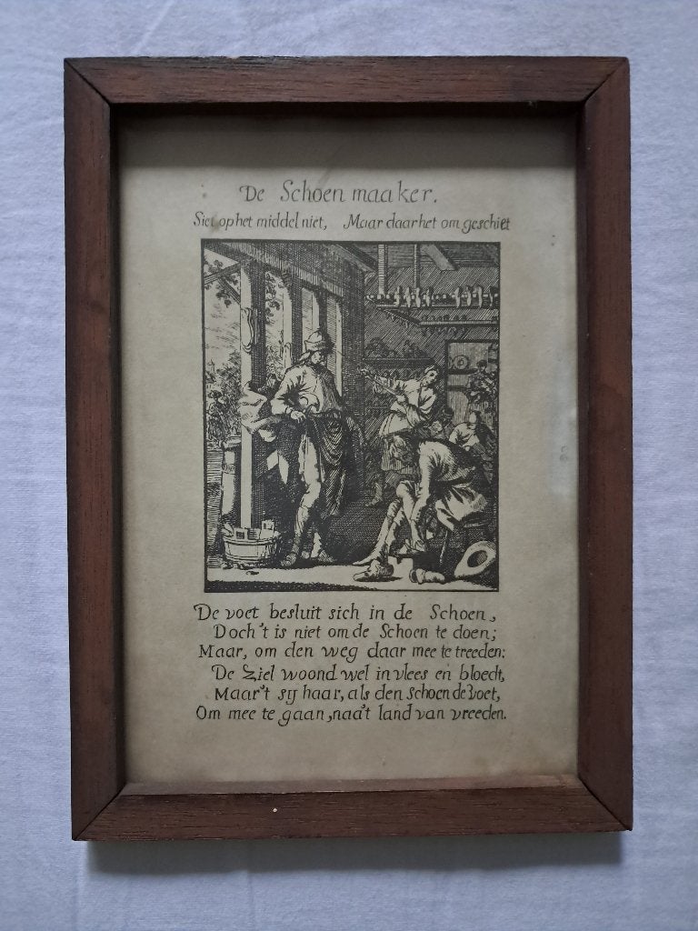 Vintage ingelijste ets 'De Schoen maaker', van Jan Luyken, Antiek en Kunst, Ophalen of Verzenden, Ets