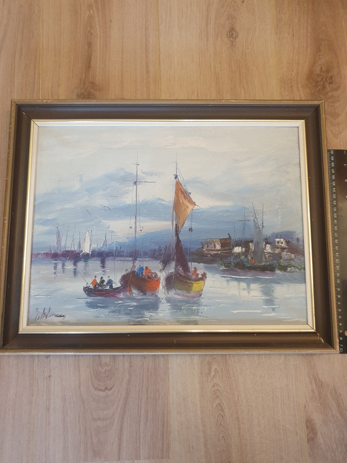 Olieverf Schilderij Haven met Zeilboten - 36x48 cm, Maritiem / water, Doek, Realistisch, Ophalen of Verzenden