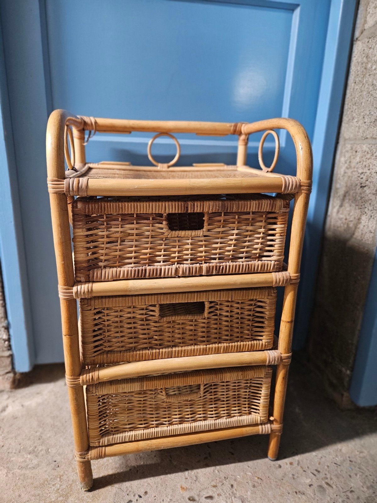 Vintage rotan ladekastje met 3 manden, Ophalen, Minder dan 50 cm, Gebruikt, Vintage, Bohemien