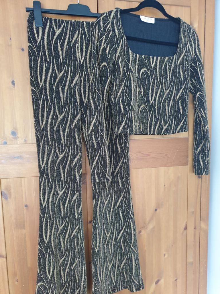 Gouden Glitter Disco Flared Broek & Top Set - Maat M, Ophalen of Verzenden, Gedragen, Maat 38/40 (M)