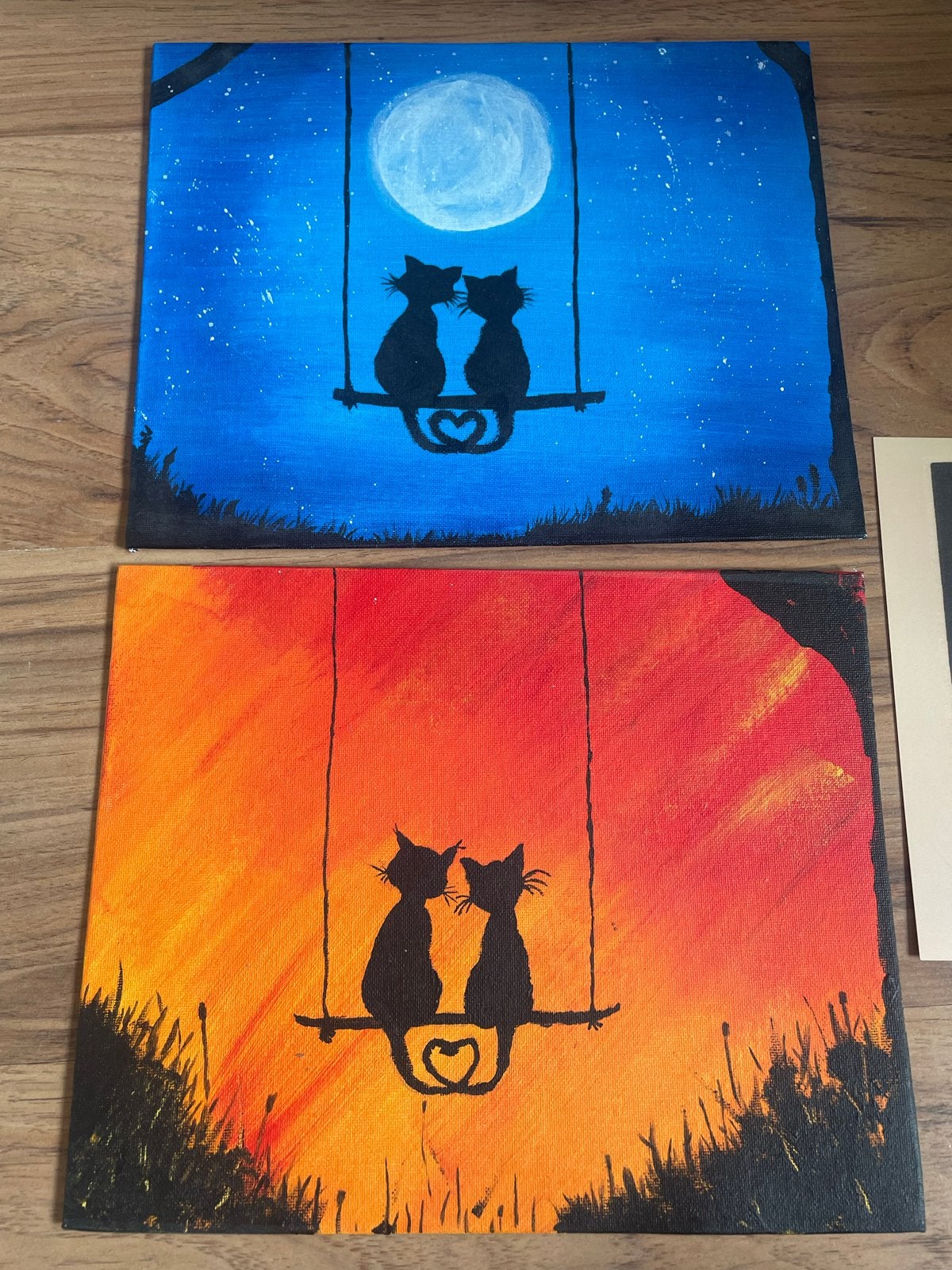 Set van 2 handgeschilderde katten schilderijtjes en kattenpo, Antiek en Kunst, Kunst | Schilderijen | Modern, Ophalen of Verzenden