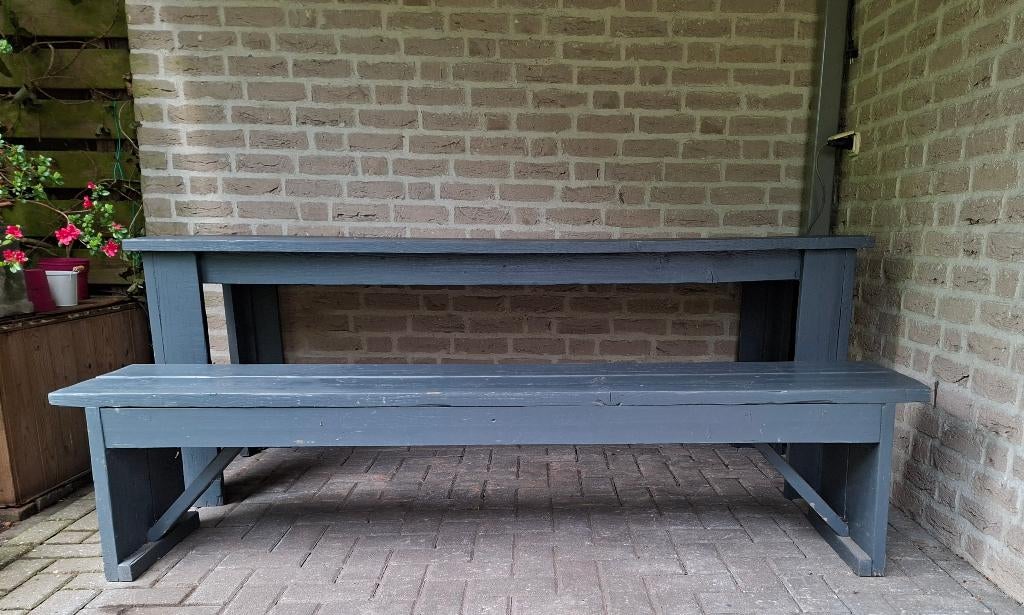 Tuintafel met picknickbank. Van steigerhout in blauw/grijs., Tuin en Terras, Tuintafels, Ophalen, Gebruikt, Rechthoekig, Hout