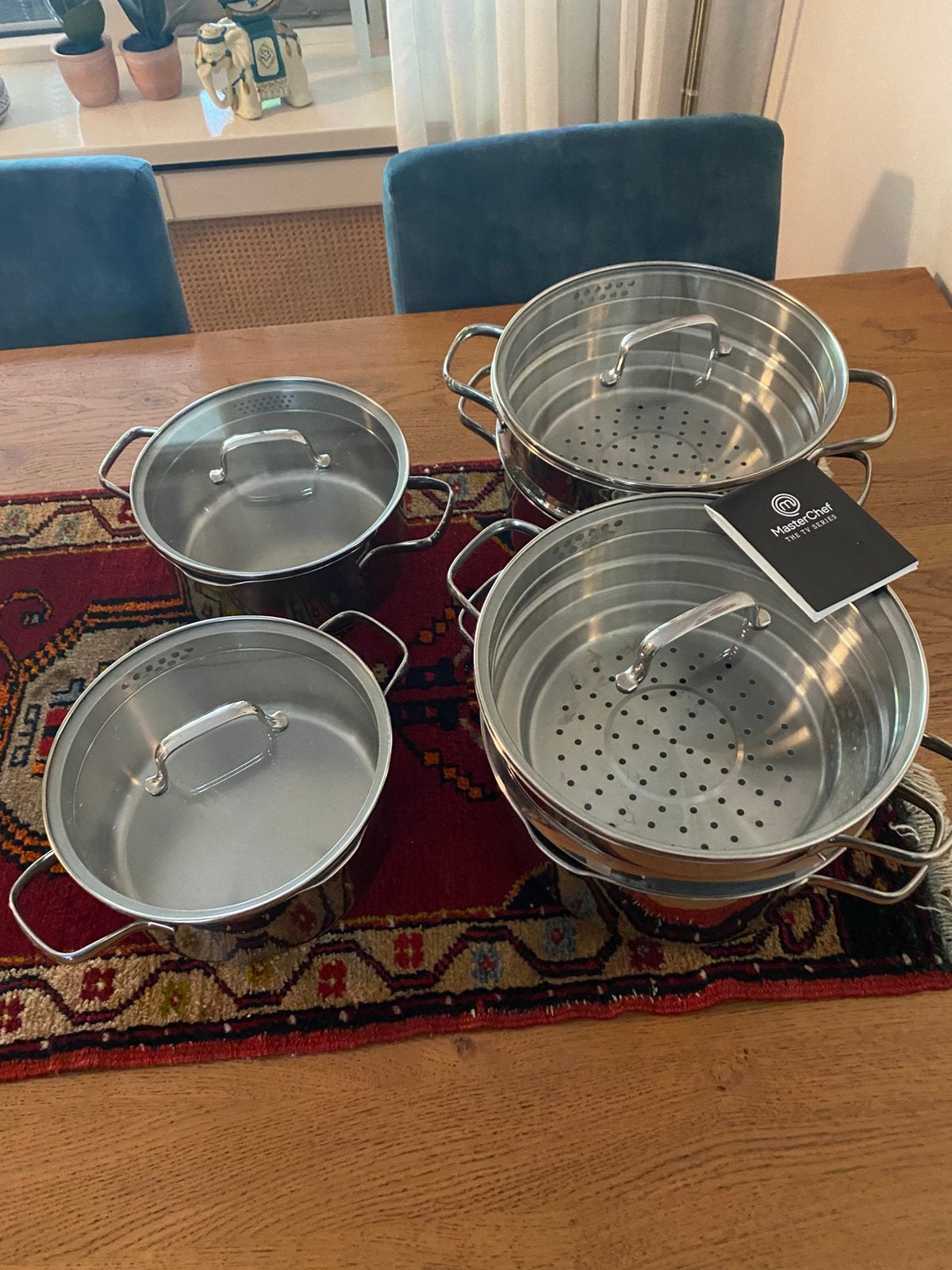 RVS pannenset met stoomfunctie., Pannenset, Ophalen of Verzenden, Zo goed als nieuw, Rvs