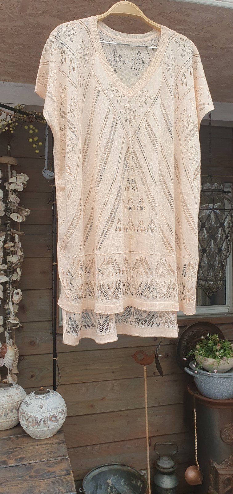 Romantisch zalmkl gebreide tuniek met V-hals en korte mouwen, Kleding | Dames, OXMO, Overige kleuren, Maat 46/48 (XL) of groter