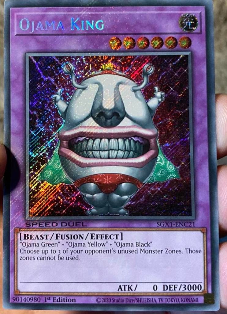 Yu-Gi-Oh! Ojama King SGX1 1st Edition !, Ophalen of Verzenden, Zo goed als nieuw, Losse kaart, Foil
