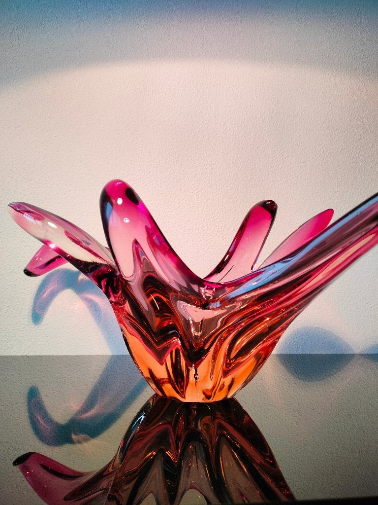 Murano Uniek Glas Schaal Magenta-roze Oranje 1950, Ophalen of Verzenden