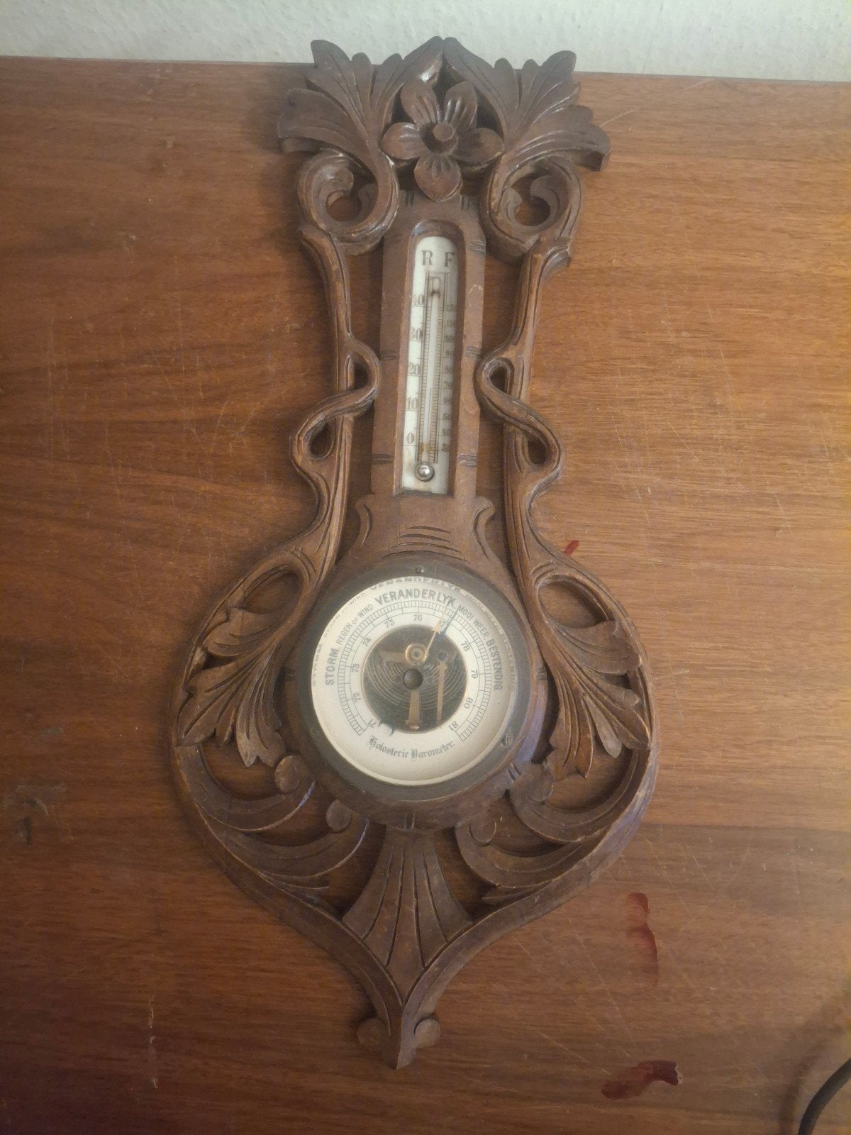 Antieke houten barometer en thermometer, Ophalen, Gebruikt, Barometer
