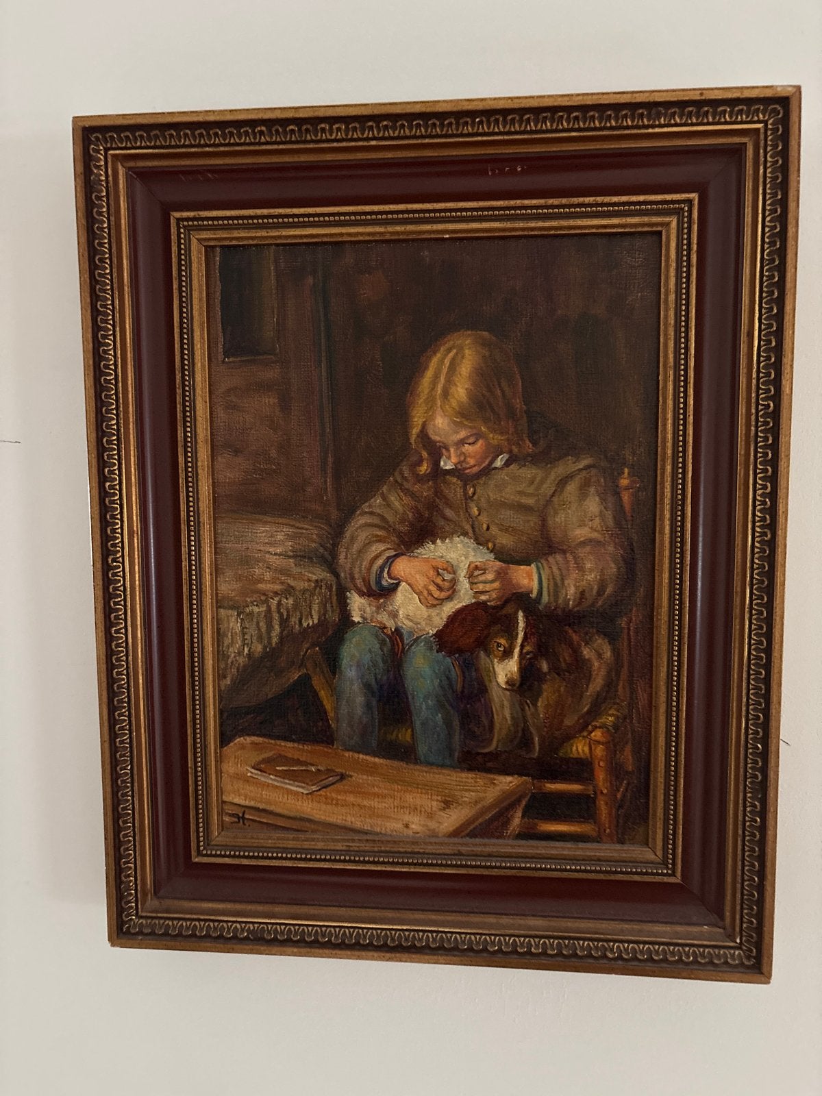 Klassiek olieverfschilderij: Meisje met hond, Antiek en Kunst, Ophalen, Doek, Portret of Personen, Olieverf