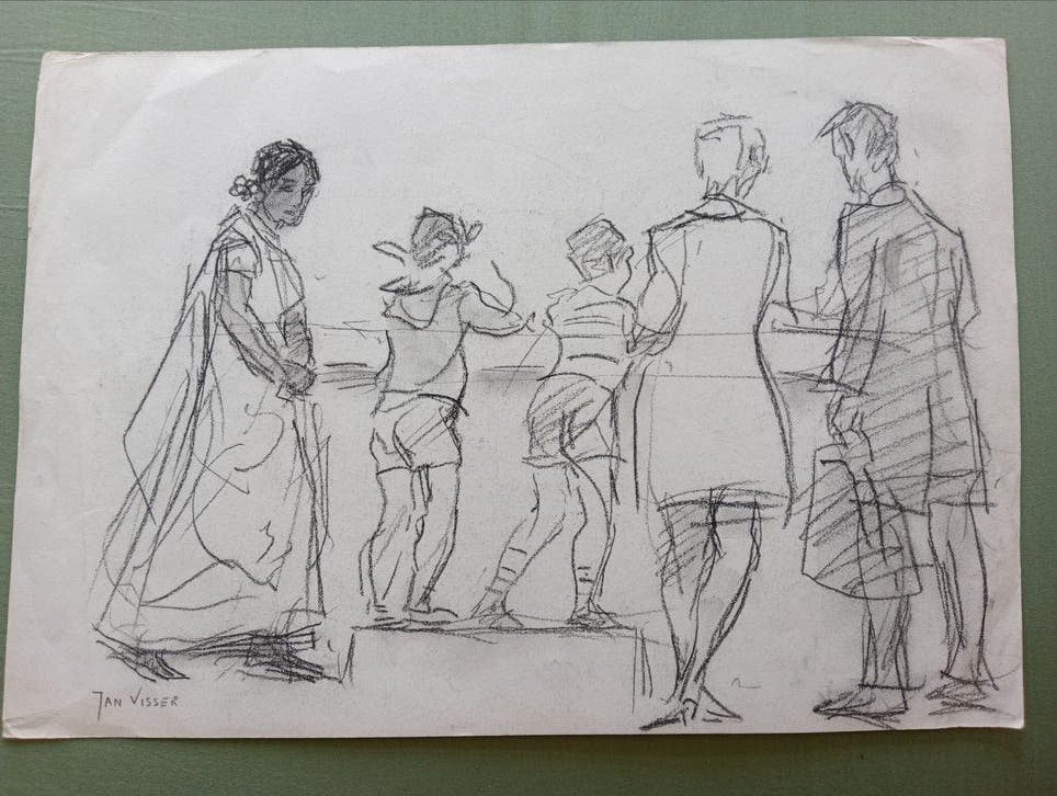 Jan Visser tekening mensen jaren 40-50, Antiek en Kunst, Kunst | Tekeningen en Foto's, Ophalen of Verzenden