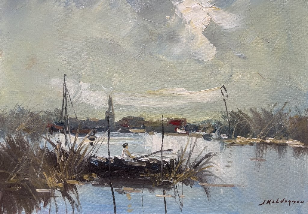 Jan Kelderman (1914-1990) - Visser tussen het riet, Doek, Ophalen of Verzenden, Landschap, Olieverf