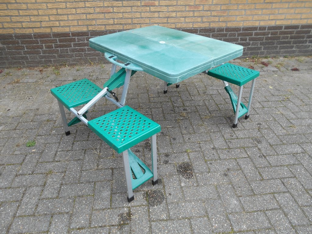 inklapbaar picknick tafeltje met 2 bankjes, Overige materialen, Gebruikt, Ophalen of Verzenden, Rechthoekig