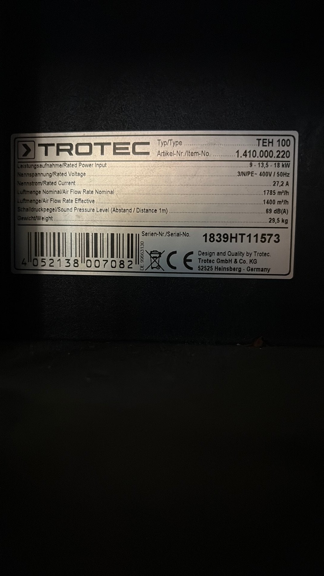 Opruiming Trotec elektrische kachels 400v, Ophalen, Zo goed als nieuw, Elektrisch, Overige soorten