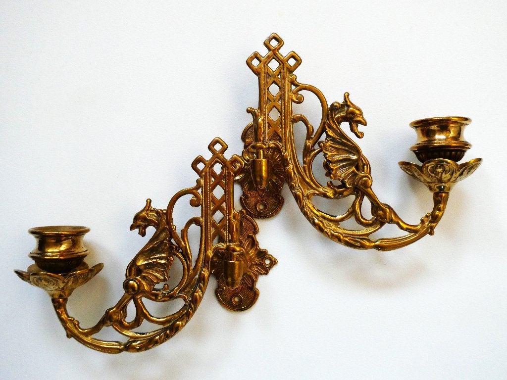 2 Wandkandelaars / pianokandelaars kandelaar met griffioen, Ophalen of Verzenden, Koper of Brons