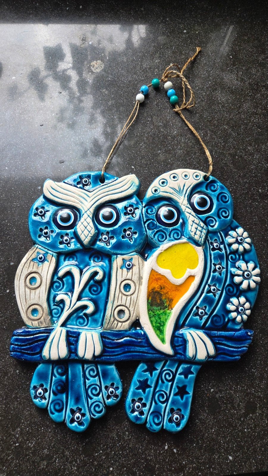 Wanddecoratie Uilenpaar Keramiek Blauw Handgemaakt, Huis en Inrichting, Steen/keramiek, Ophalen of Verzenden, Handgemaakt, Blauw