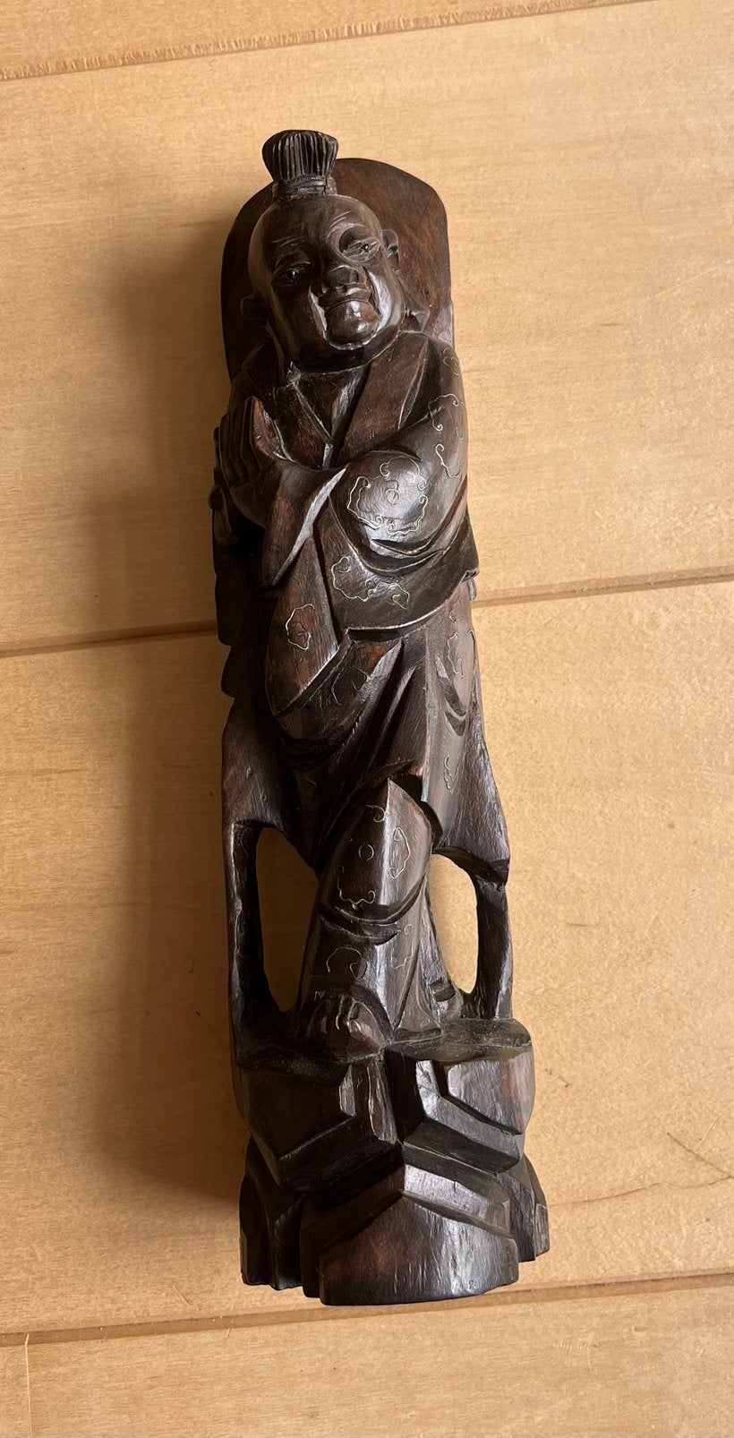 Antiek Chinees hardhouten beeld met zilverinleg, Hout, Bruin, Ophalen of Verzenden, China