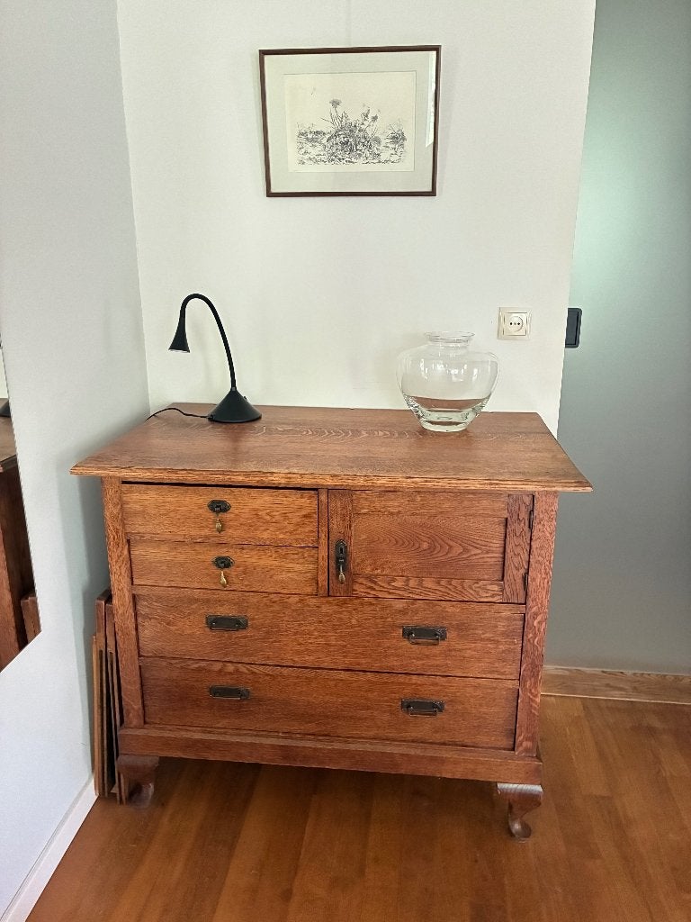 Brocante antiek halfhoge kast met zijbladen en mooi beslag, Ophalen, Gebruikt, 100 tot 150 cm, Eikenhout