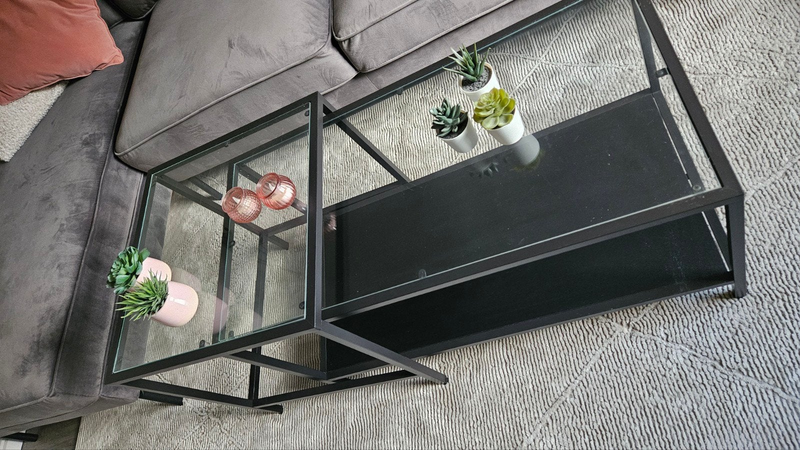 Moderne salontafel set van glas en metaal, Ophalen, 50 – 75, Minder dan 50 cm, Gebruikt