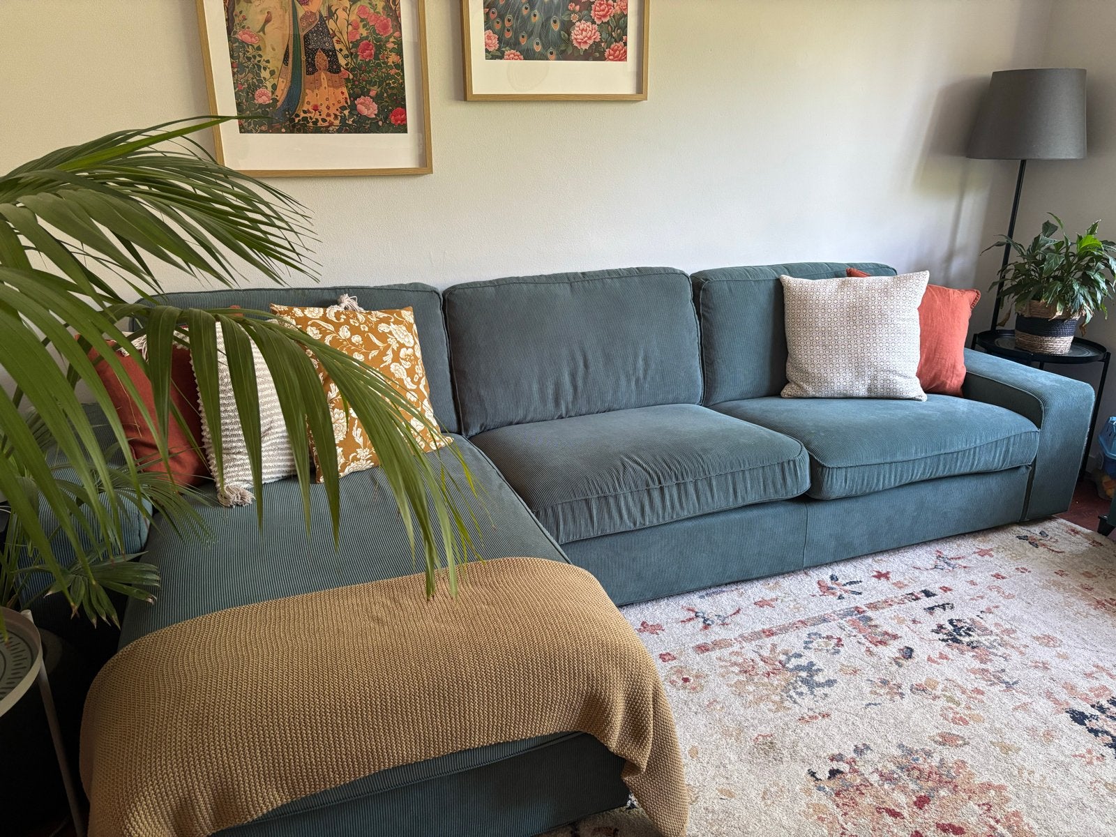 Ikea KIVIK 3-zitsbank met chaise longue - Turkoois ribstof, Ophalen, 300 cm of meer, Zo goed als nieuw, Vierpersoons of meer