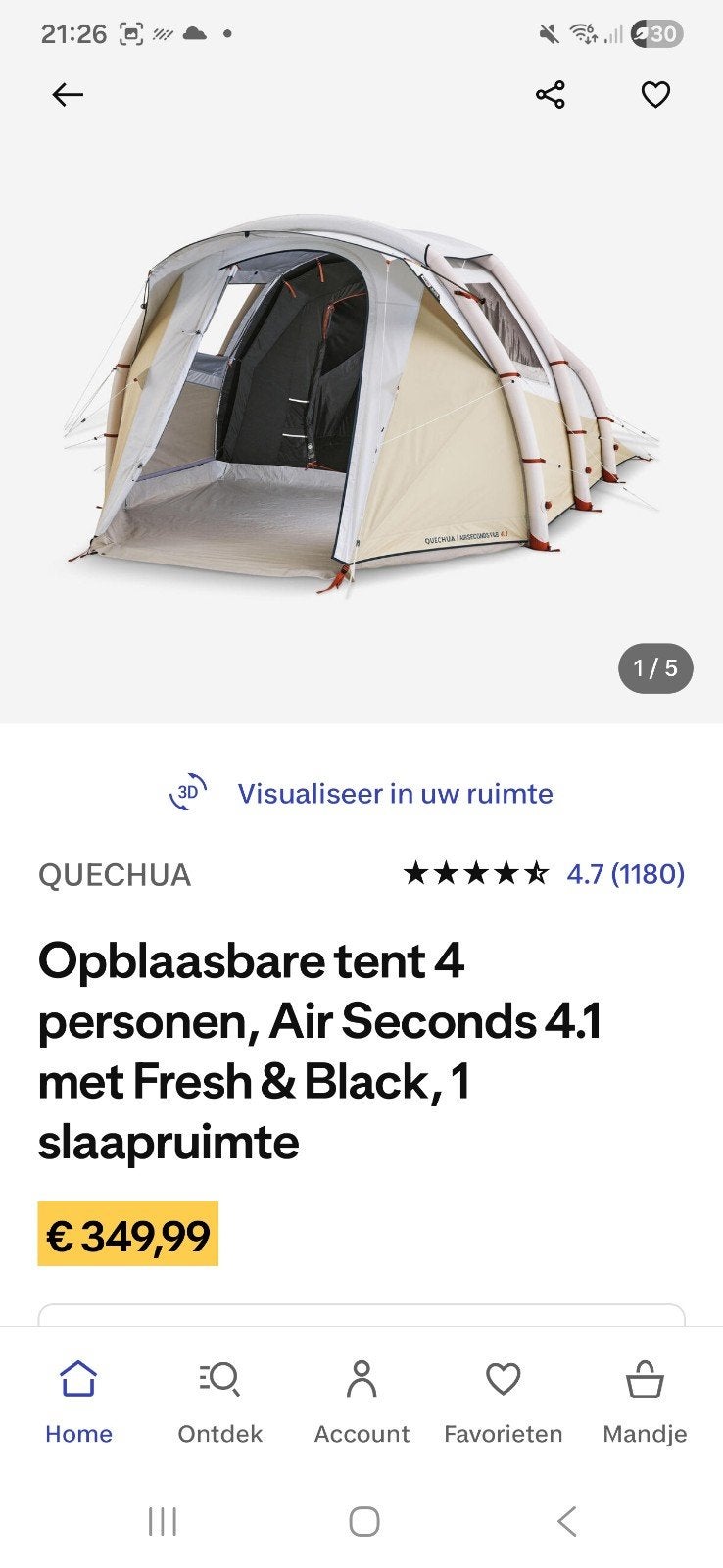Air seconds 4.1 fresh & black tent (als nieuw), Caravans en Kamperen, Tenten, Ophalen of Verzenden, Zo goed als nieuw, Tot en met 4