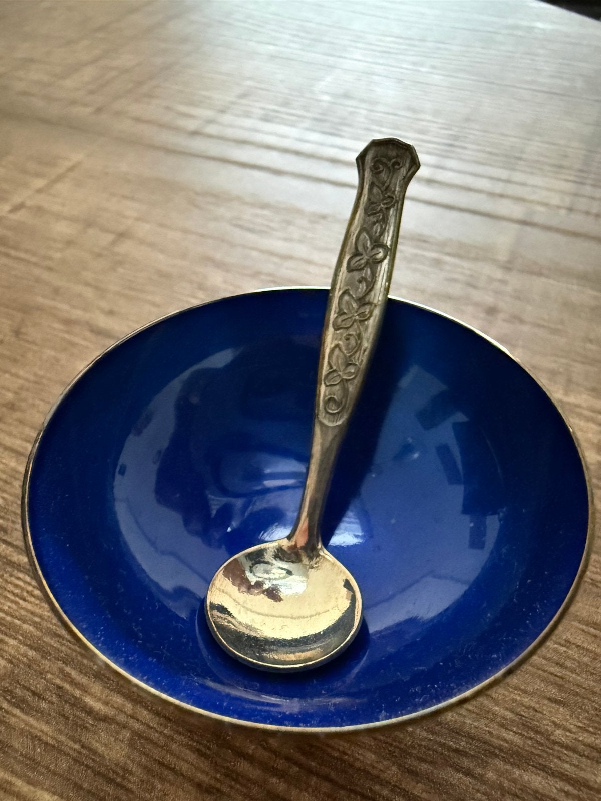 Meka Denmark vintage blauw emaille mini-schaaltje + lepeltje, Verzenden