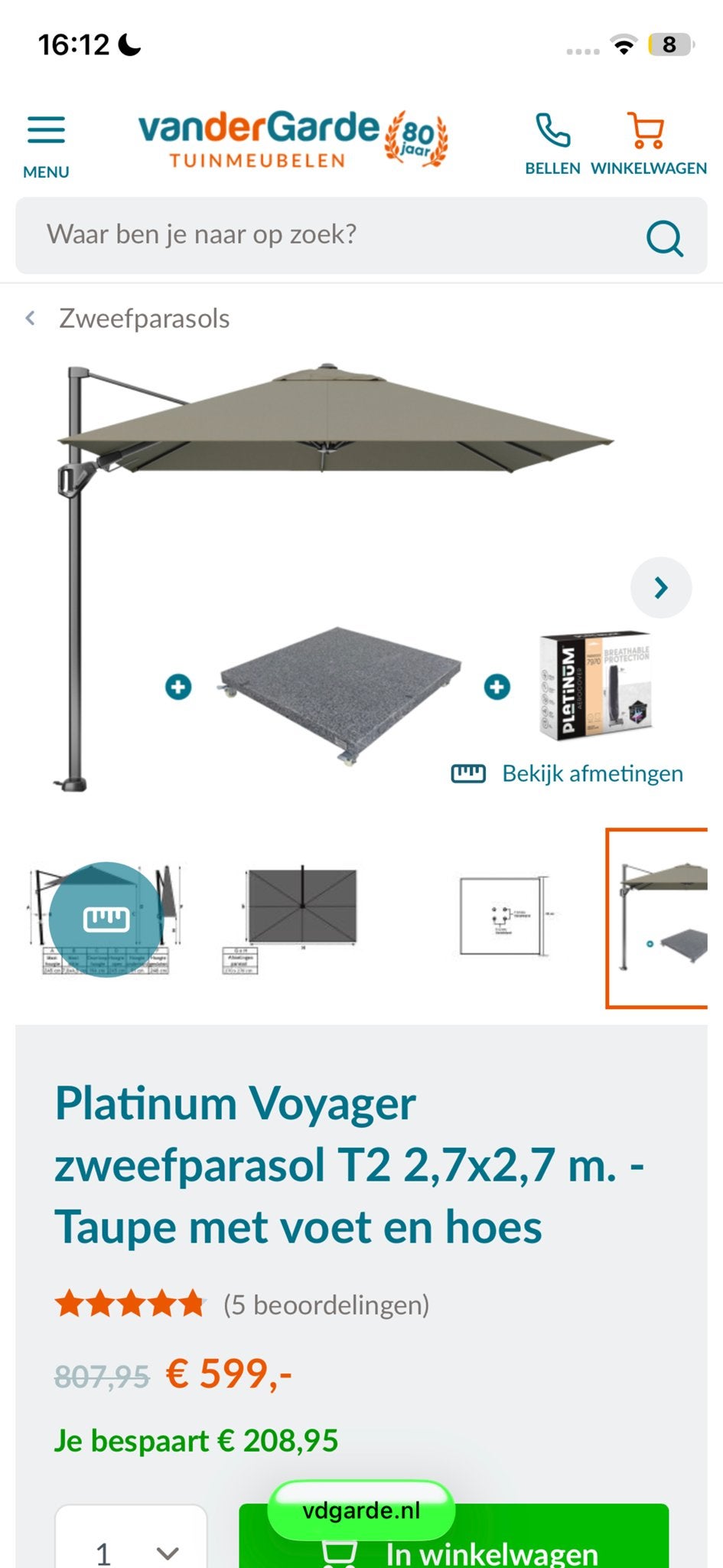 Parasol, Ophalen, Kantelbaar, 2 tot 3 meter, Zweefparasol