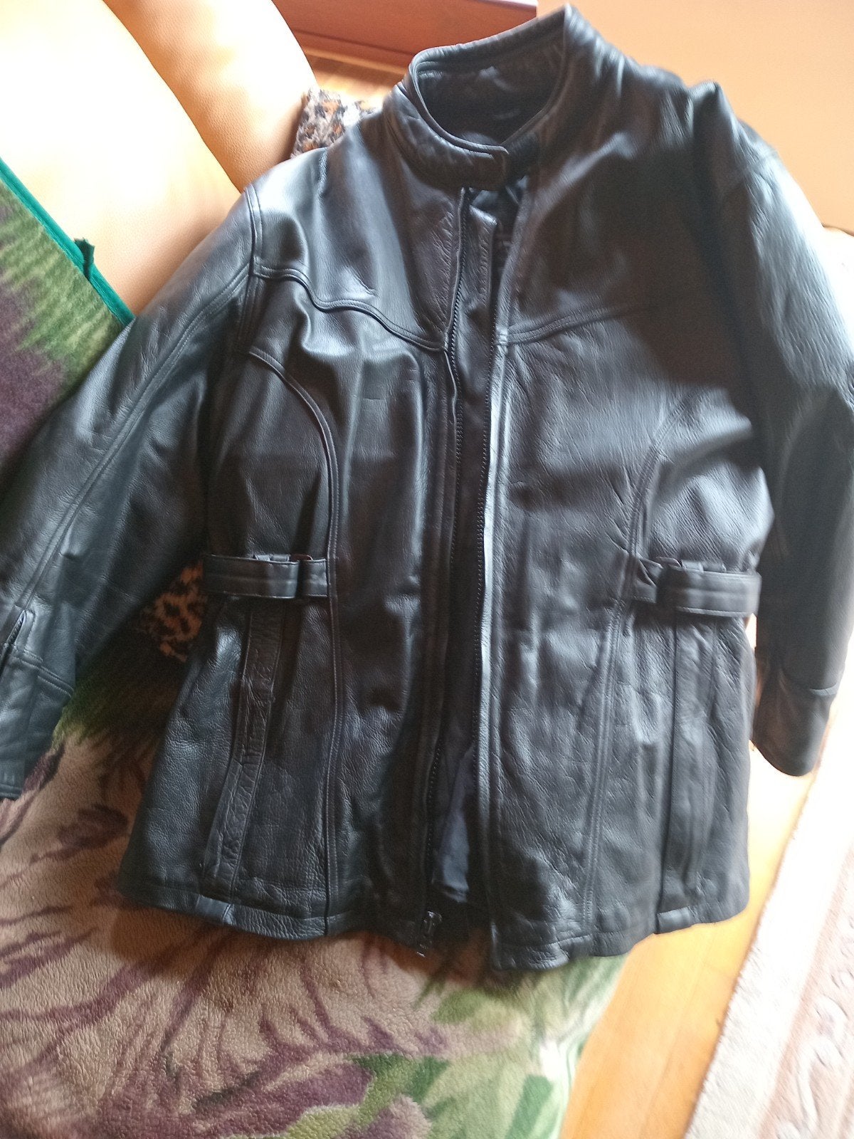 3/4e lange Leren Motorjas Zwart - Maat 56, Motoren, Ophalen, Tweedehands, Dames, Jas | leer