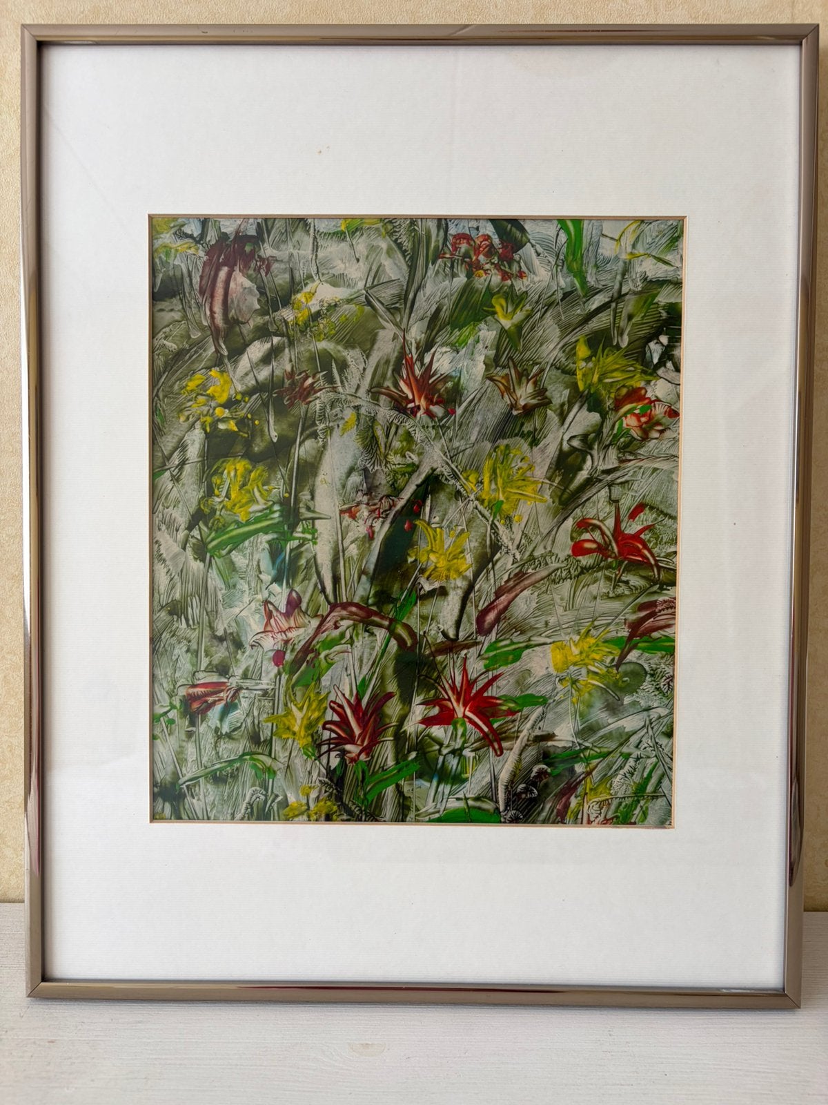 Schilderij olieverf, bloemen in stevige lijst met glasplaat, Ophalen, Origineel werk, Bloemen