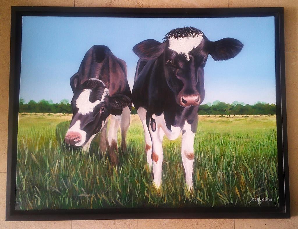 2 koeien in de wei ca. 1990 - gesigneerd Jacqueline, Antiek en Kunst, Kunst | Schilderijen | Klassiek, Ophalen of Verzenden