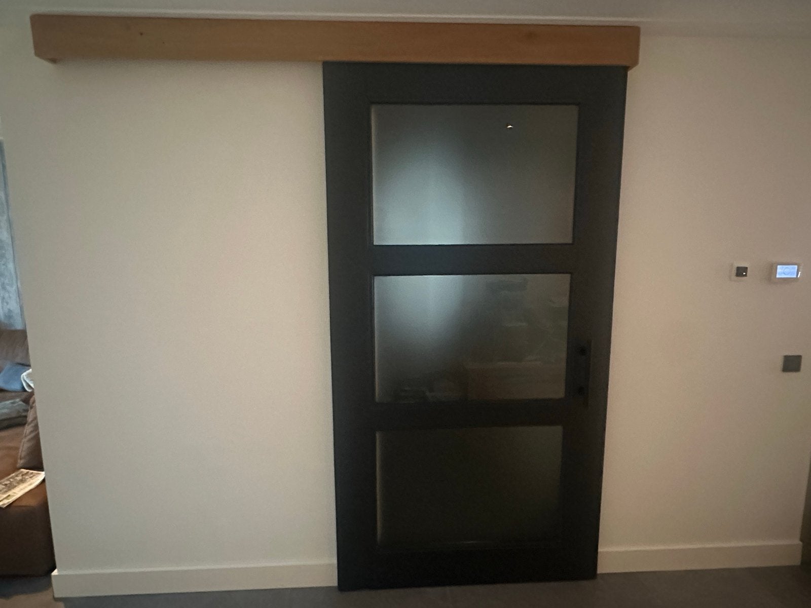 Meranti schuifdeur met melkglas (1248x2365 mm) RAL 7016, Ophalen, Binnendeur, Schuifdeur, 120 cm of meer
