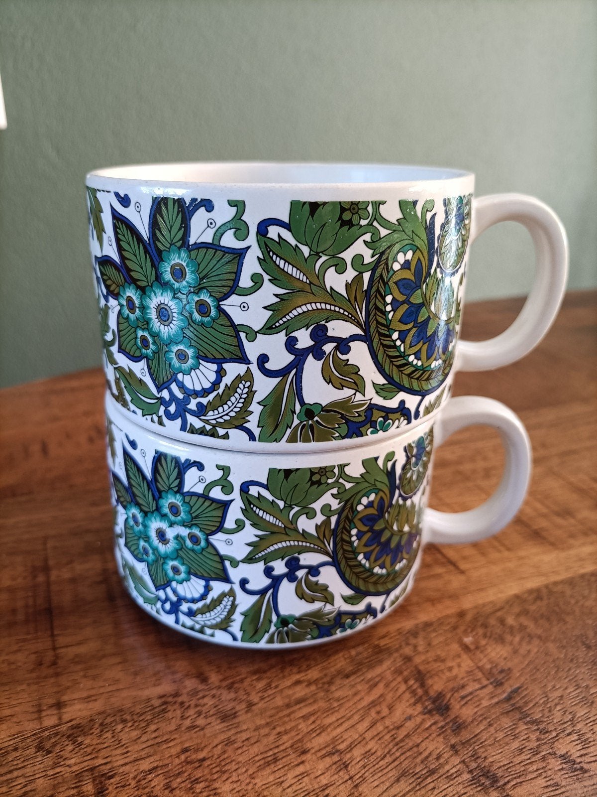Set van 2 Vintage soepkommen - Groen/Blauw, Gebruikt, Keramiek, Vintage, Ophalen of Verzenden