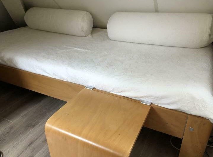 Auping Auronde bed (elektrische spiraal en aanhangtafeltje), Ophalen, Auping 1999 komfortabel automat E-408, 210 cm, Hout
