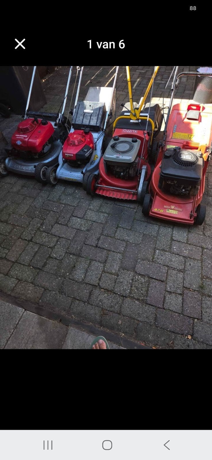 4 grasmaaiers, waarvan 3 werkend, Tuin en Terras, Ophalen of Verzenden, Gebruikt, Benzine-grasmaaier, Honda, Wolf, Klippo