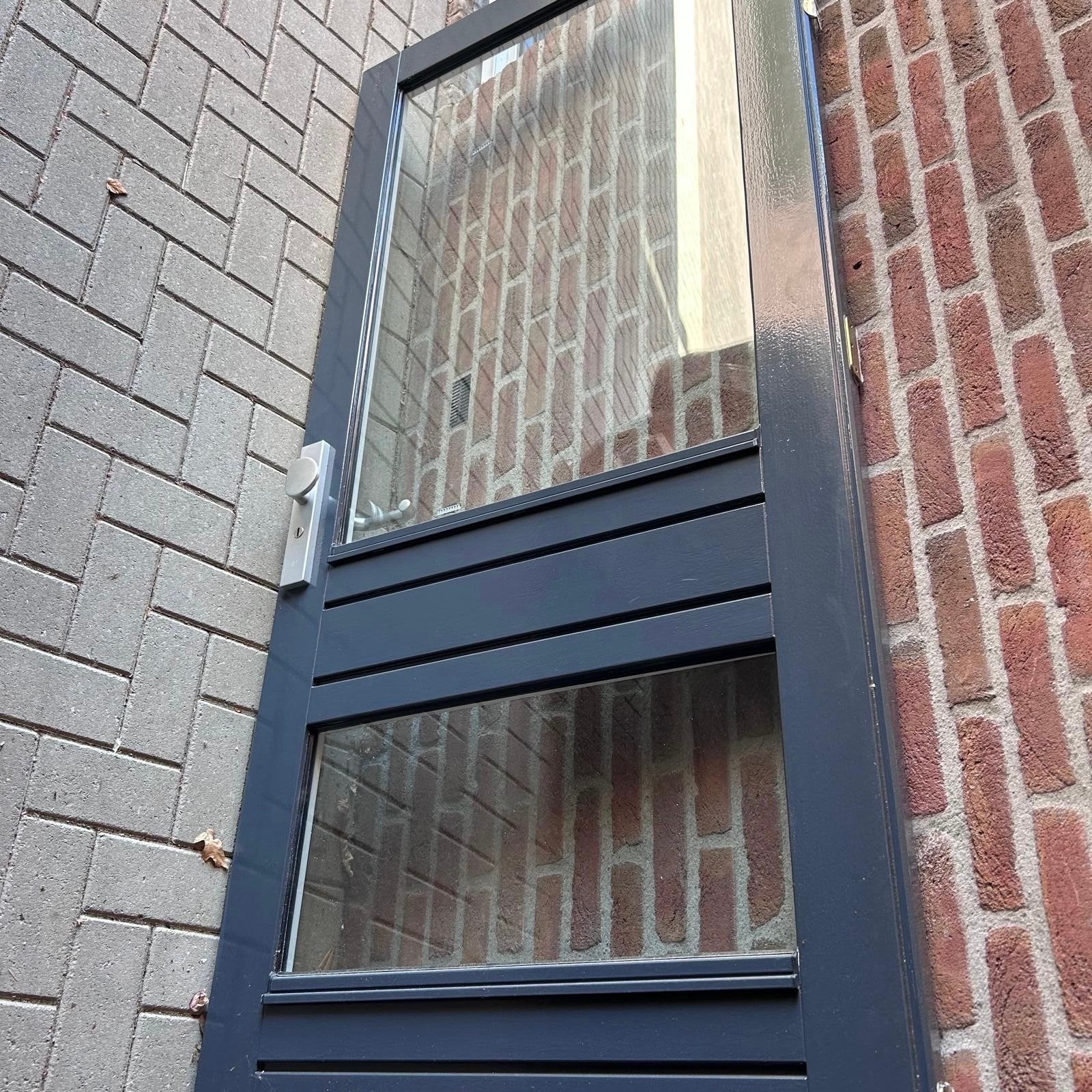 Hardhouten voordeur 211x92,5 cm, rechtsdraaiend, dubbel glas, Doe-het-zelf en Verbouw, Deuren en Horren, Ophalen, Gebruikt, 80 tot 100 cm
