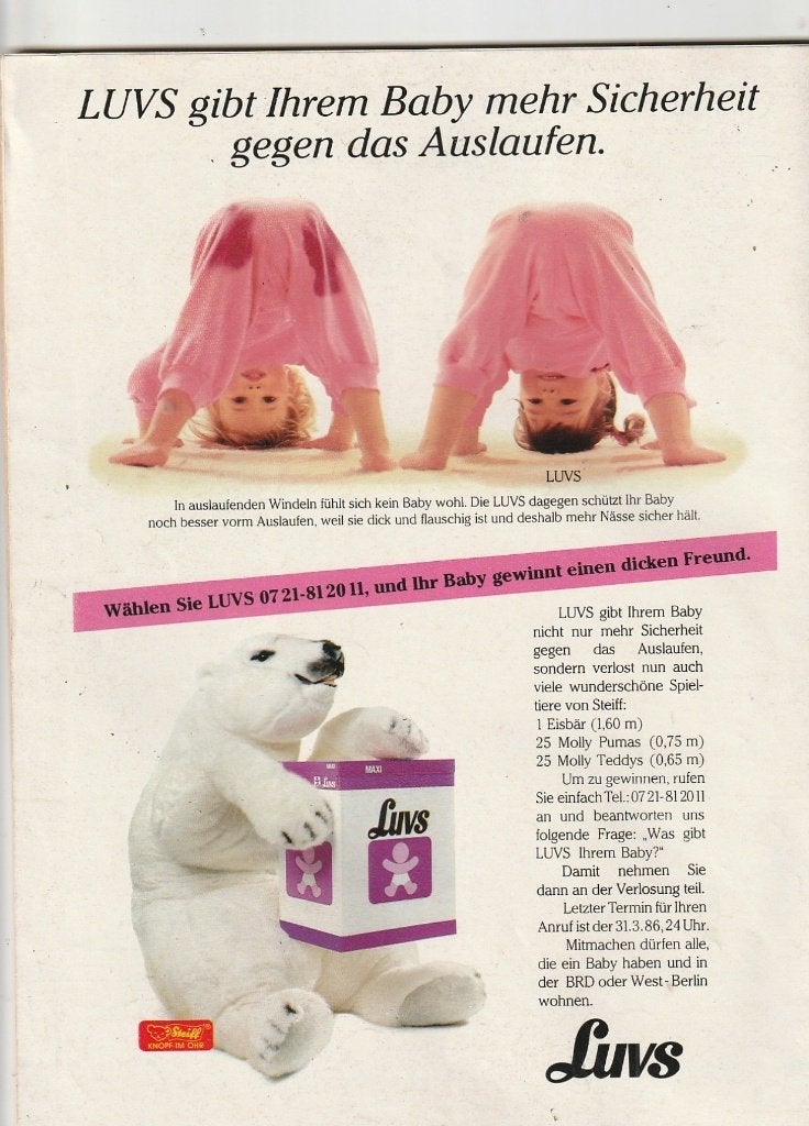 Retro reclame 1986 Luvs baby luiers win een knuffel, Verzenden, Overige typen